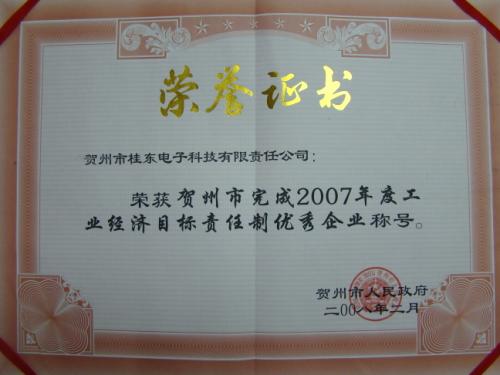 2007年 2007年度工業(yè)經(jīng)濟目賀州市完成標(biāo)責(zé)任制優(yōu)秀企業(yè)